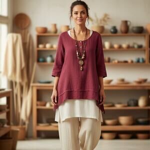 Simply Noelle Henley Top Womens S/M Lagenlook Boho Solid Tiered 3/4 Sleeve Linen